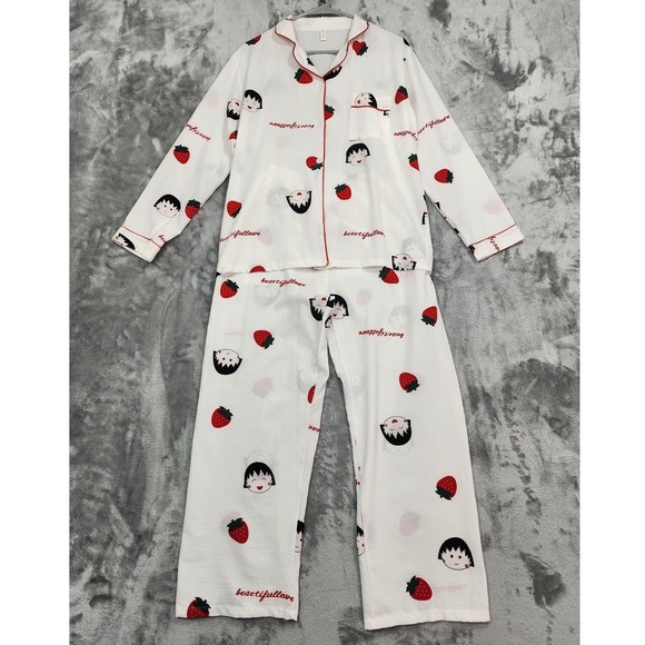 The Unbranded Brand Other - Pajama Set Womens 4 White Red Strawberry Button Front‎ Long Sleeve Two Piece